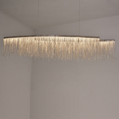 Personalized Minimalist Chandelier – Modern Silver Aluminum Pendant Light with Tassel Design for Dining & Living Room