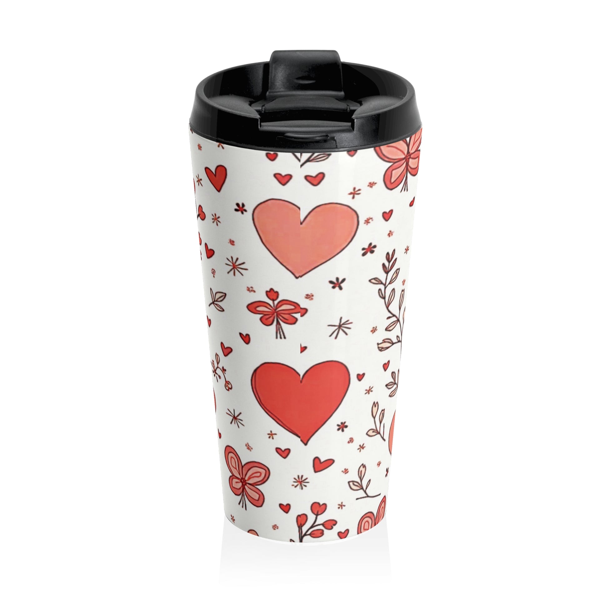 Hand-Drawn Hearts Travel Mug | Valentine Butterfly Floral Stainless Steel - AURABAGS SHOP