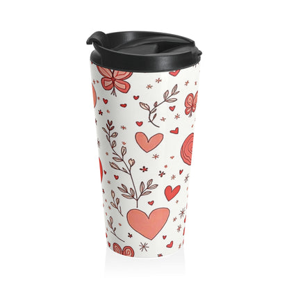 Hand-Drawn Hearts Travel Mug | Valentine Butterfly Floral Stainless Steel - AURABAGS SHOP