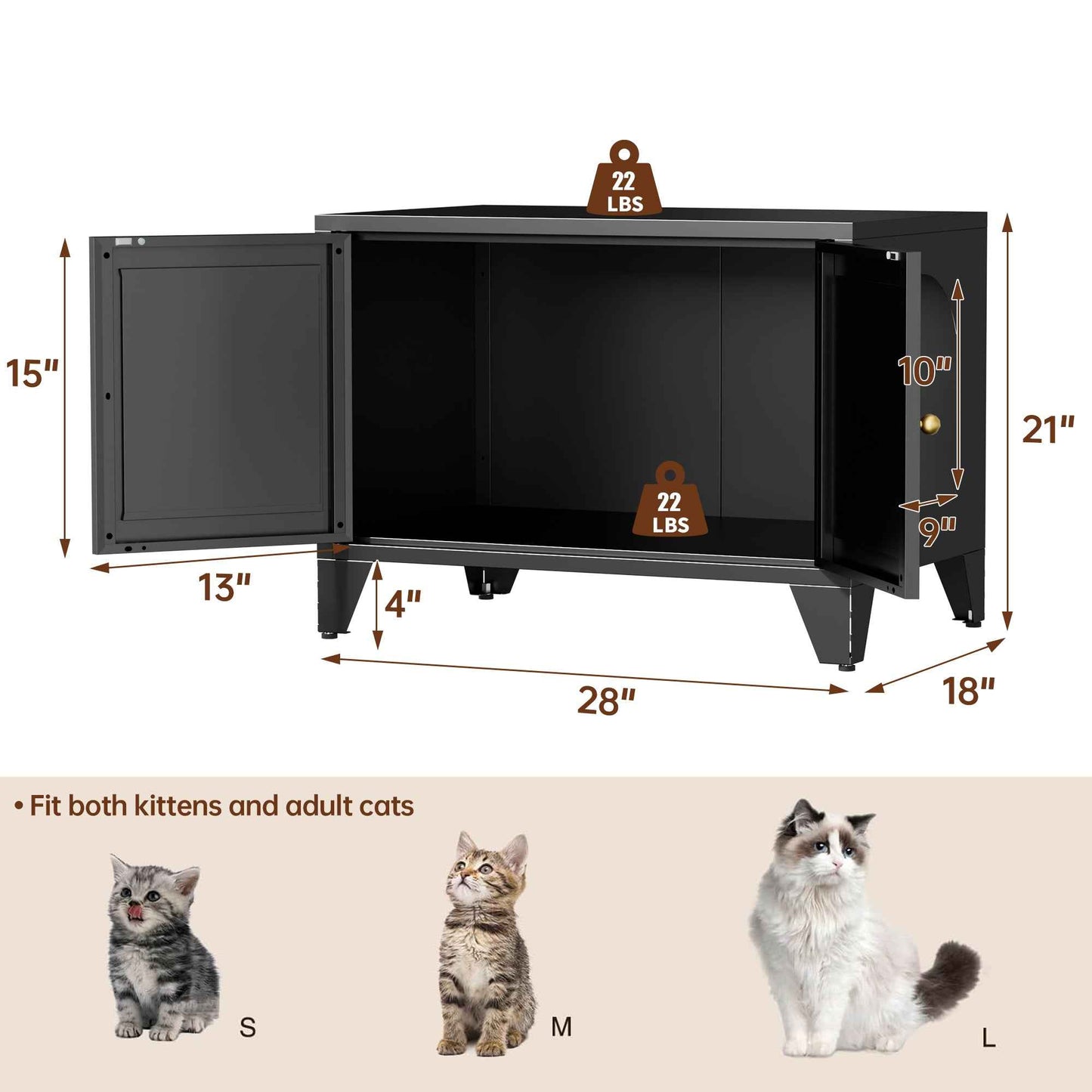 Metal Cat Litter Box Enclosure – Modern Hidden Litter Box Cabinet with Side Entry, Black