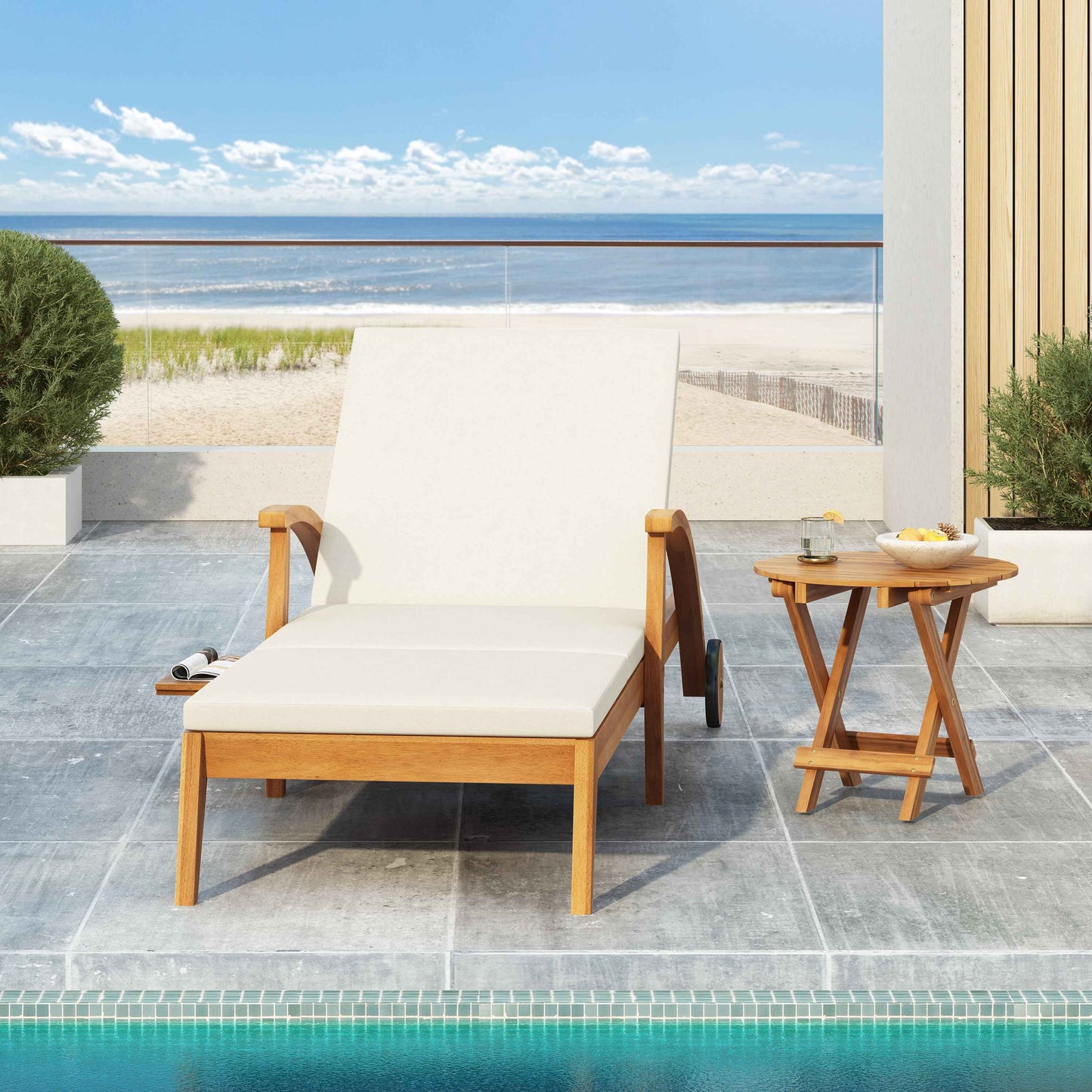 Acacia Wood Outdoor Chaise Lounge with Wheels – Adjustable Patio Recliner with Cream Cushion