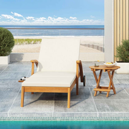 Acacia Wood Outdoor Chaise Lounge with Wheels – Adjustable Patio Recliner with Cream Cushion