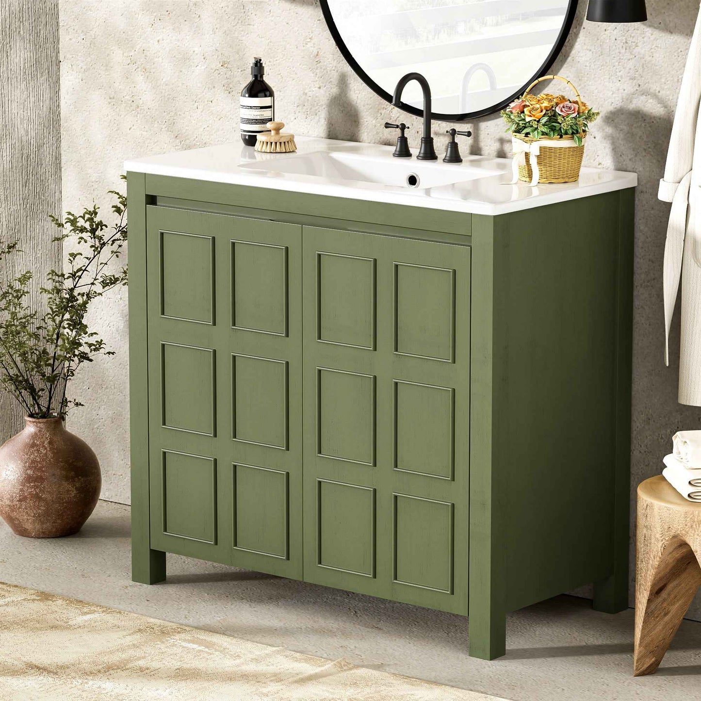 36" Olive Green Bathroom Vanity with Ceramic Sink – Freestanding Storage Cabinet