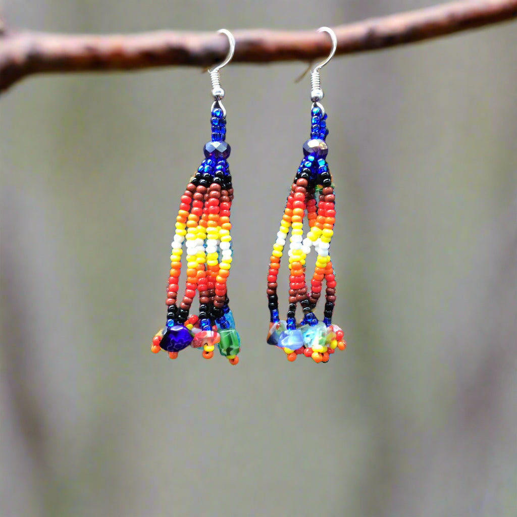 Dark Blue Six-Strand Beaded Cascade Earrings