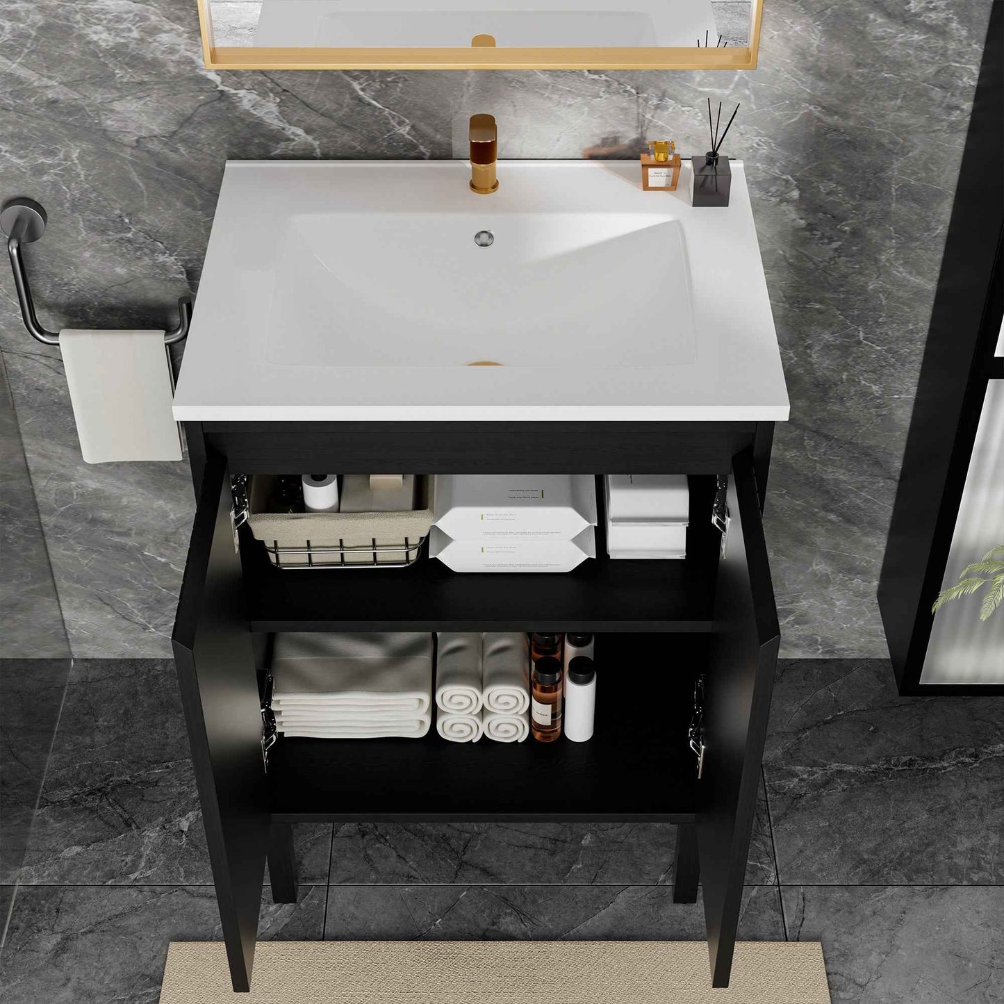 24-Inch Matte Black Bathroom Vanity Cabinet – Freestanding Storage Vanity Base Without Sink
