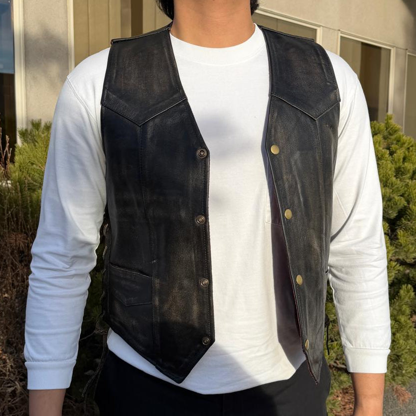 Men’s Buffalo Leather Biker Vest. Adjustable Side Lace Vest