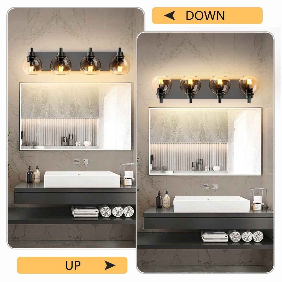4-Light Matte Black Bathroom Vanity Light – Clear Glass Globe Wall Fixture