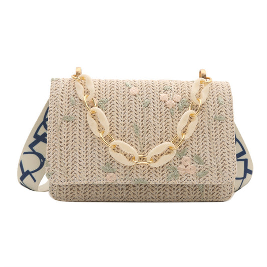 Women's Straw Small Square Crossbody Bag with Acrylic Chain