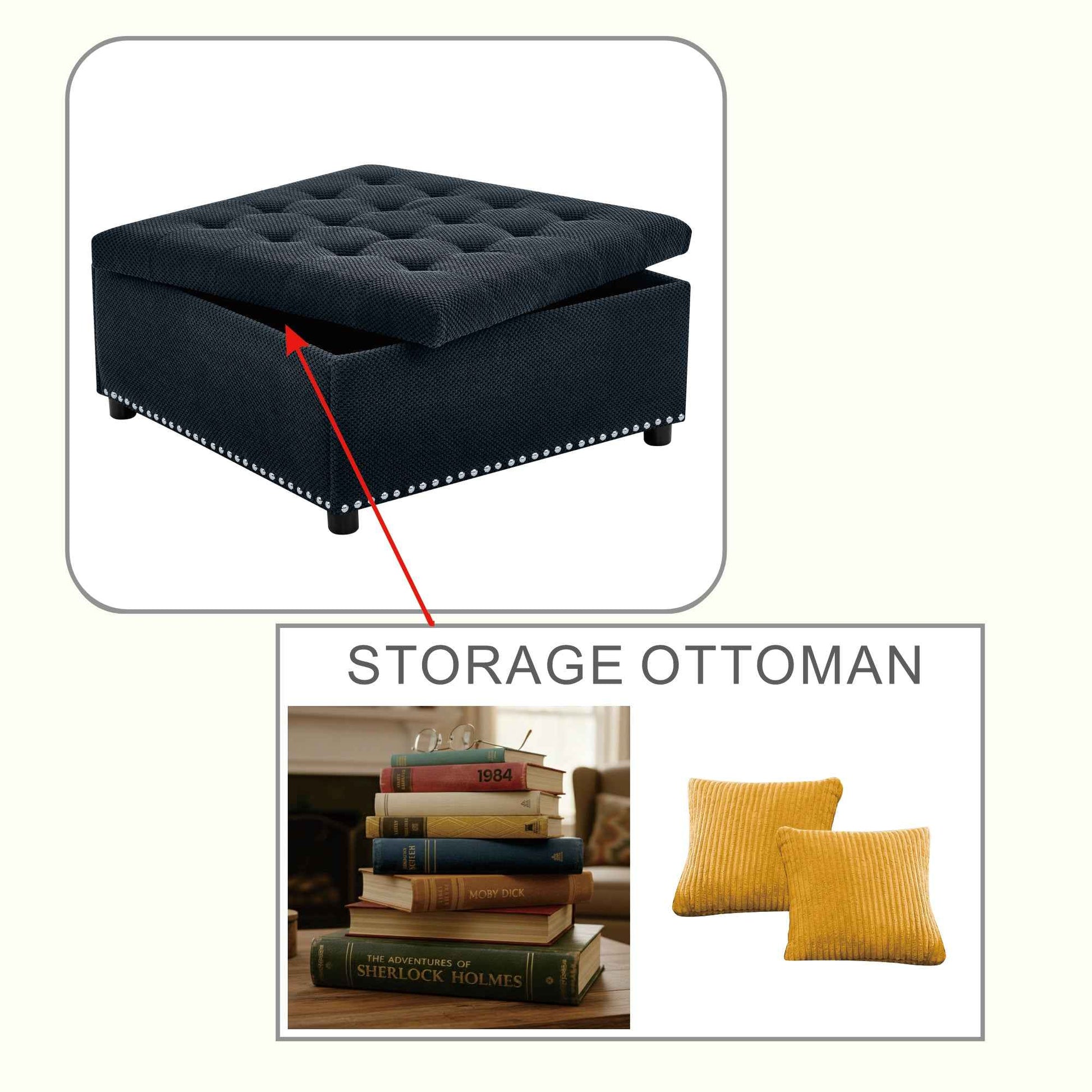 Black Tufted Storage Ottoman – Square Upholstered Footstool with Nailhead Trim & Hidden Storage (Deliver to United States Only)