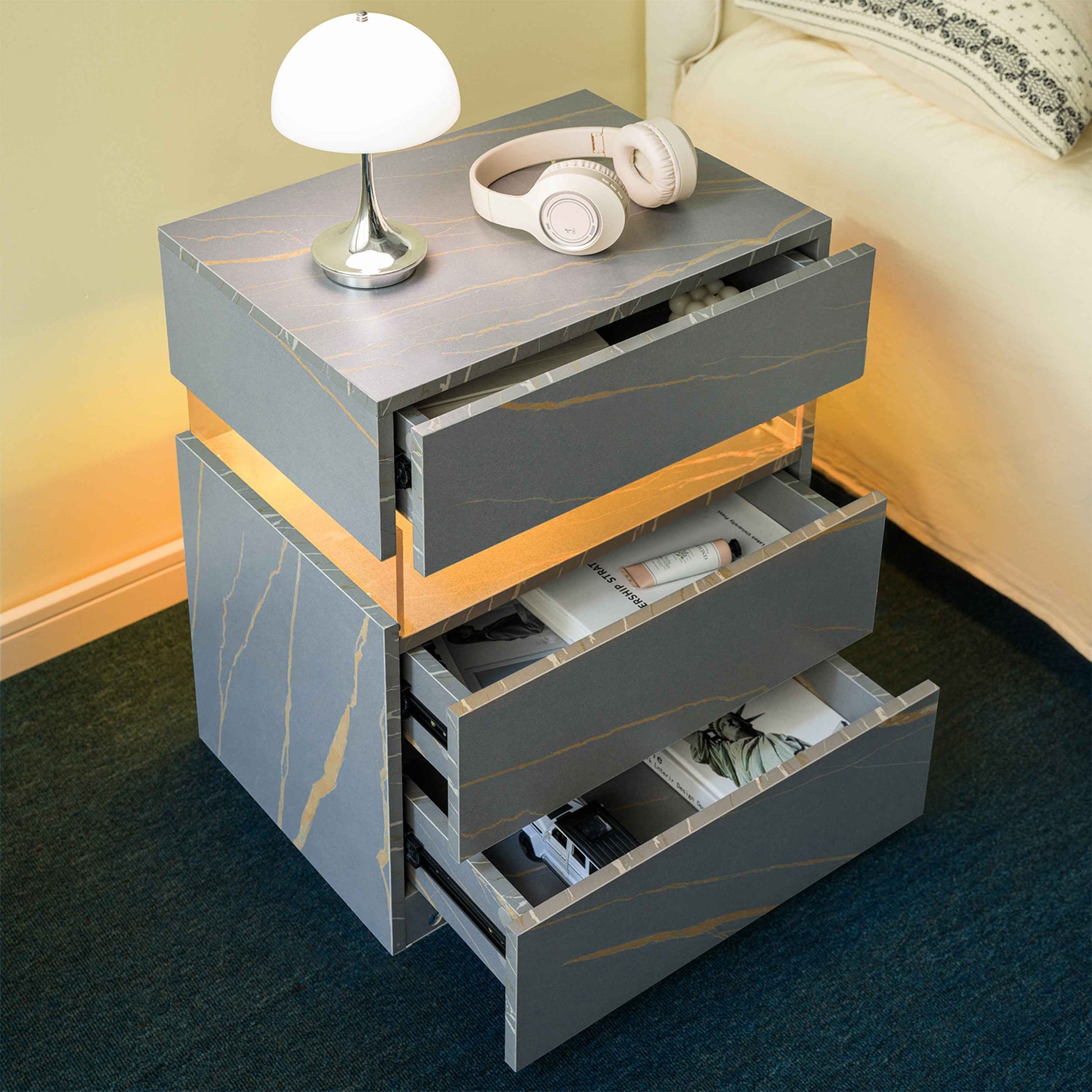 LED Nightstand with 3 Drawers, Acrylic Panel & RGB Lighting – Modern Grey & Gold Bedside Table