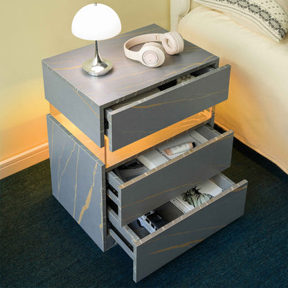 LED Nightstand with 3 Drawers, Acrylic Panel & RGB Lighting – Modern Grey & Gold Bedside Table