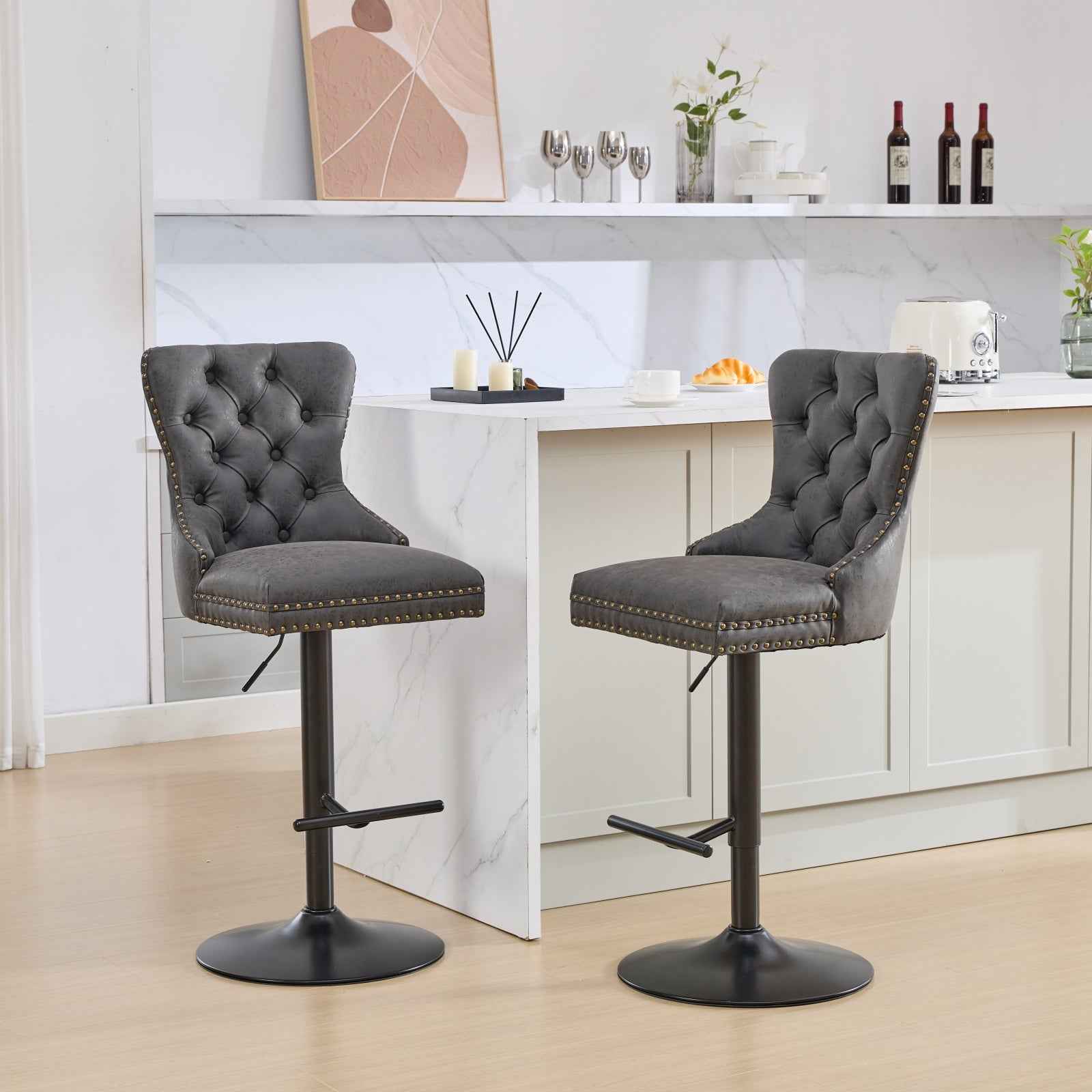 A&A Furniture Black PU Leather Bar Stools Set of 2 – Tufted Swivel Bar Chairs with Adjustable Height (Deliver to United States Only)