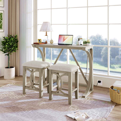 Farmhouse 3-Piece Counter Height Dining Set – White Solid Wood Table with Upholstered Stools & USB Port