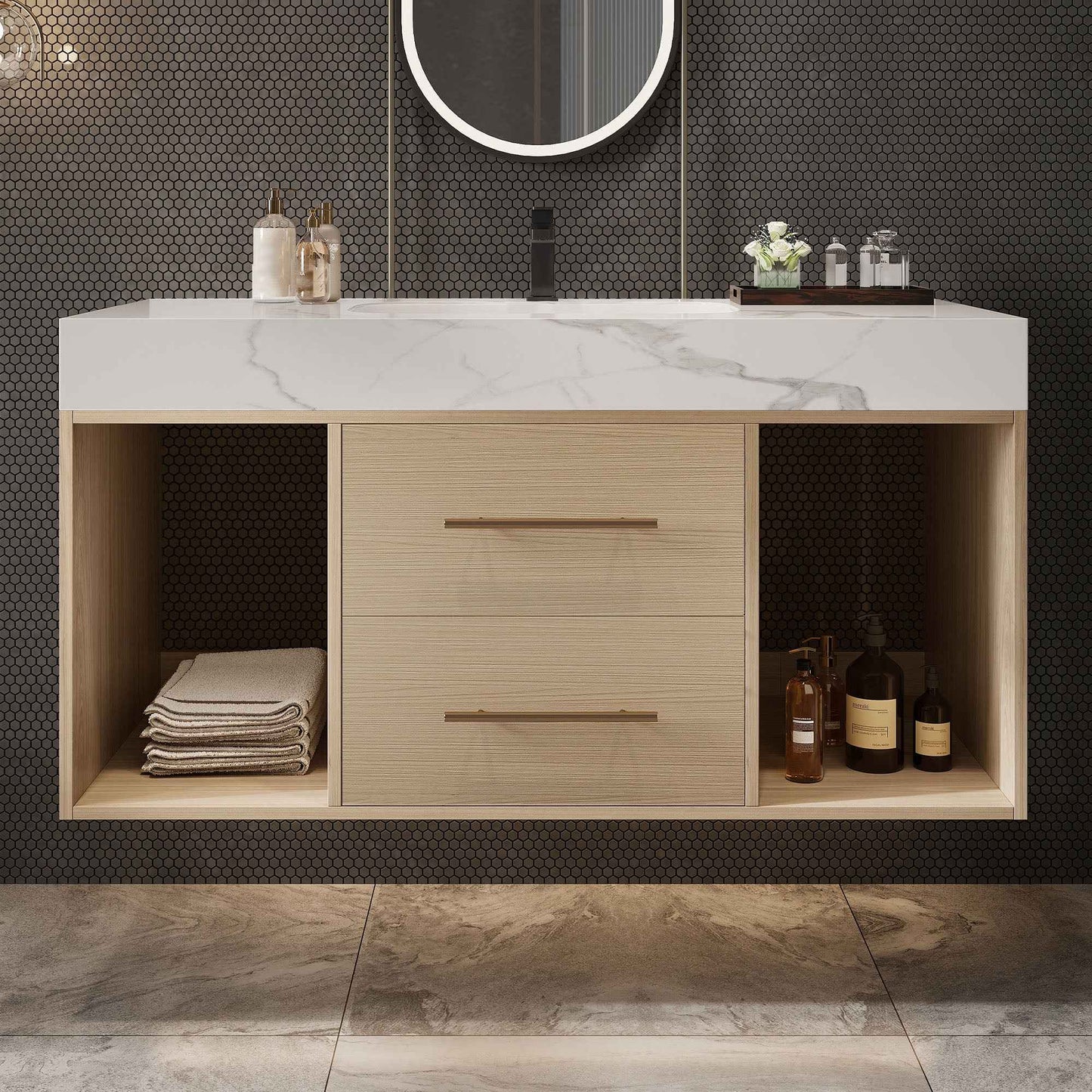 39.4" Floating Bathroom Vanity with Ceramic Sink & White Sintered Stone Top