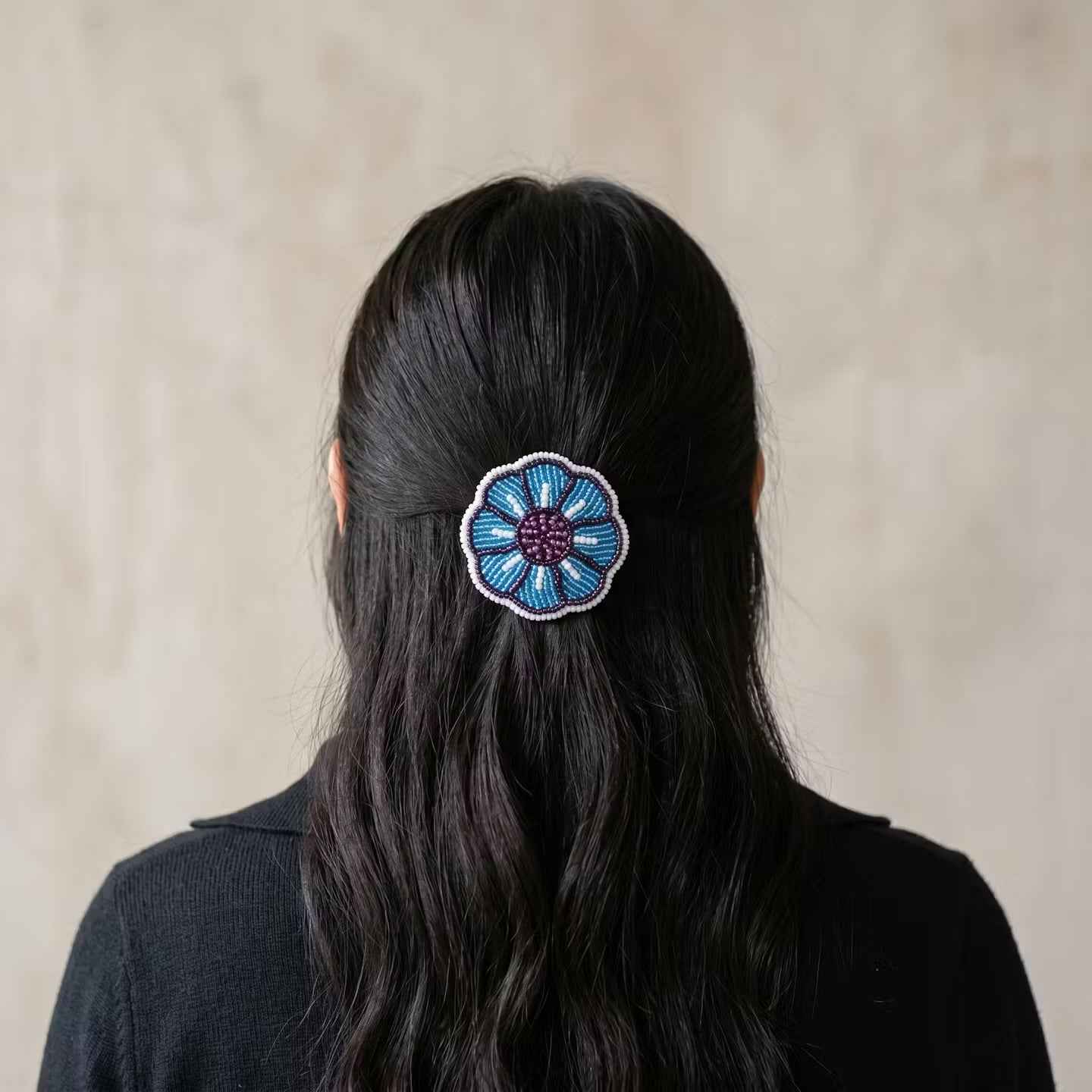 Blue Beaded Flower Barrette