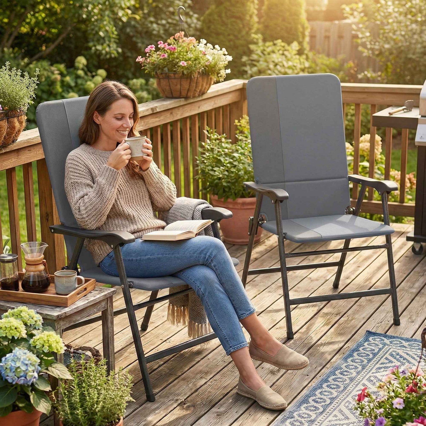 Folding Patio Chairs Set of 2 – Padded High-Back Lawn Camping Chairs with Armrests, 600D Oxford Fabric, Light Gray (Deliver to United States Only)