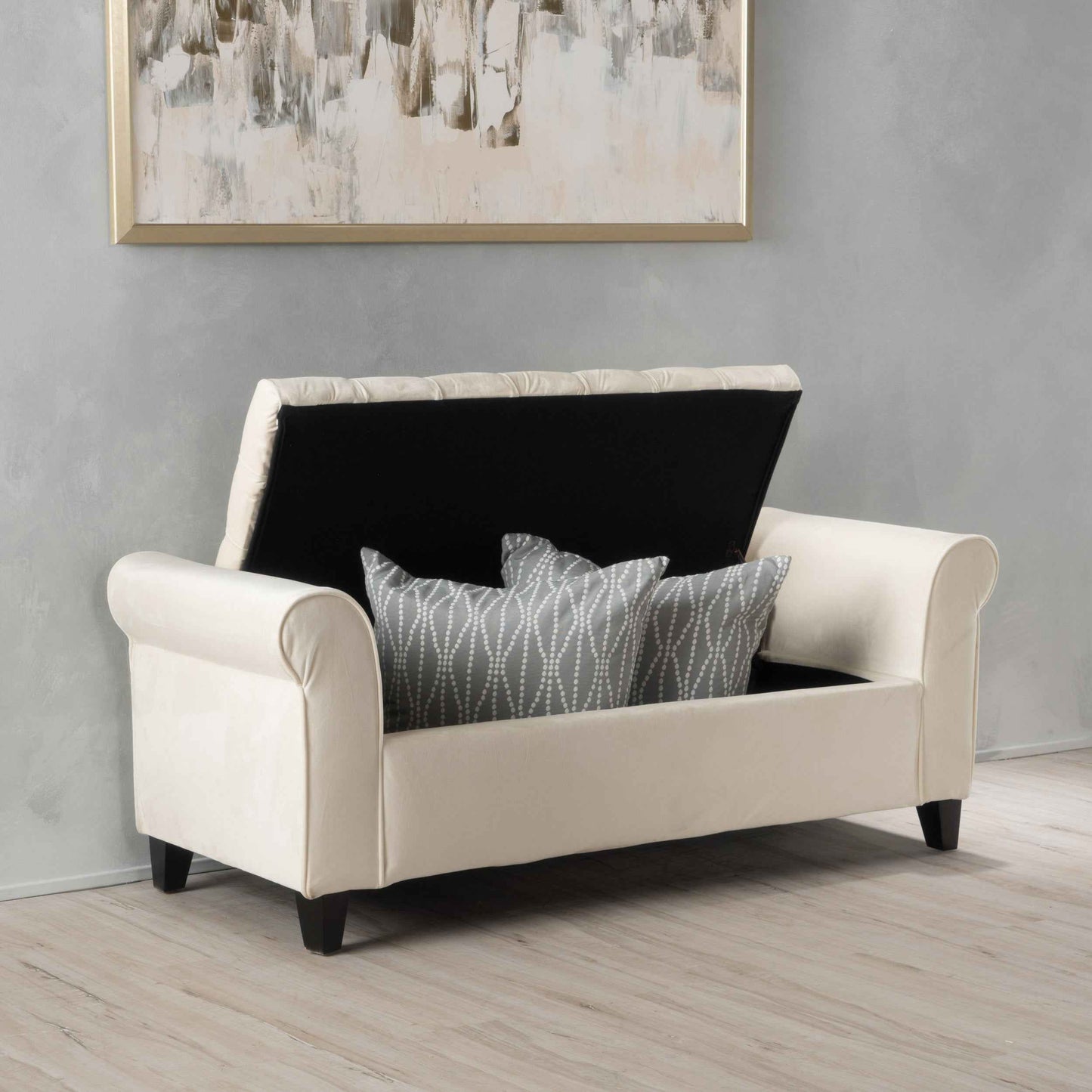 50" Ivory Tufted Storage Bench with Rolled Arms – Upholstered Entryway, Bedroom & Living Room Bench