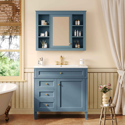 36-Inch Indigo Blue Bathroom Vanity with Medicine Cabinet – Modern Single Sink Vanity with Soft-Close Doors