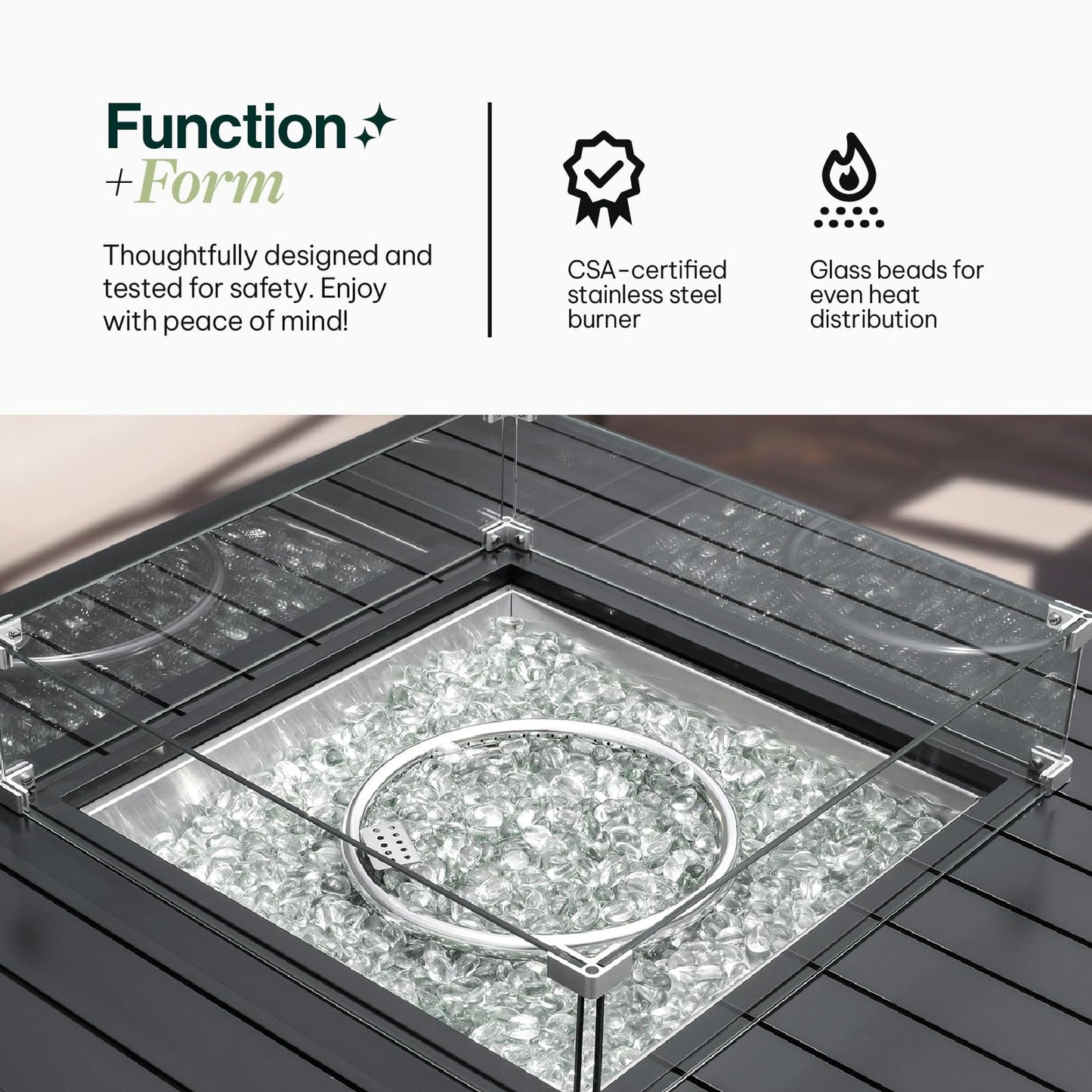 Propane FirePit Table: 50,000 BTU Aluminum Slat Top with Lid, Stainless Steel Burner, Windguard, 8KG Glass Beads, 300D PVC Cover, CSA-Listed - AURABAGS SHOP