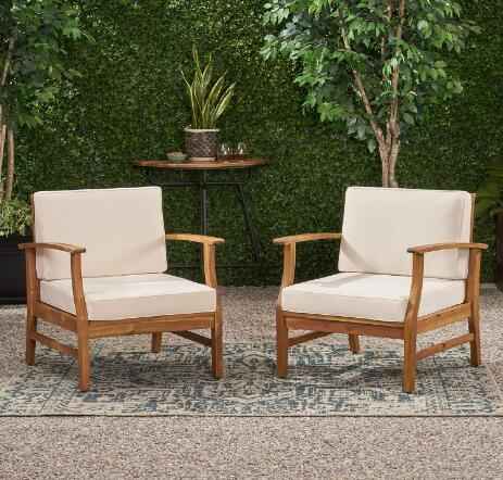 PERLA Club Chairs Set of 2 – Cream Acacia Wood Outdoor Patio Accent Chairs (Deliver to United States Only)