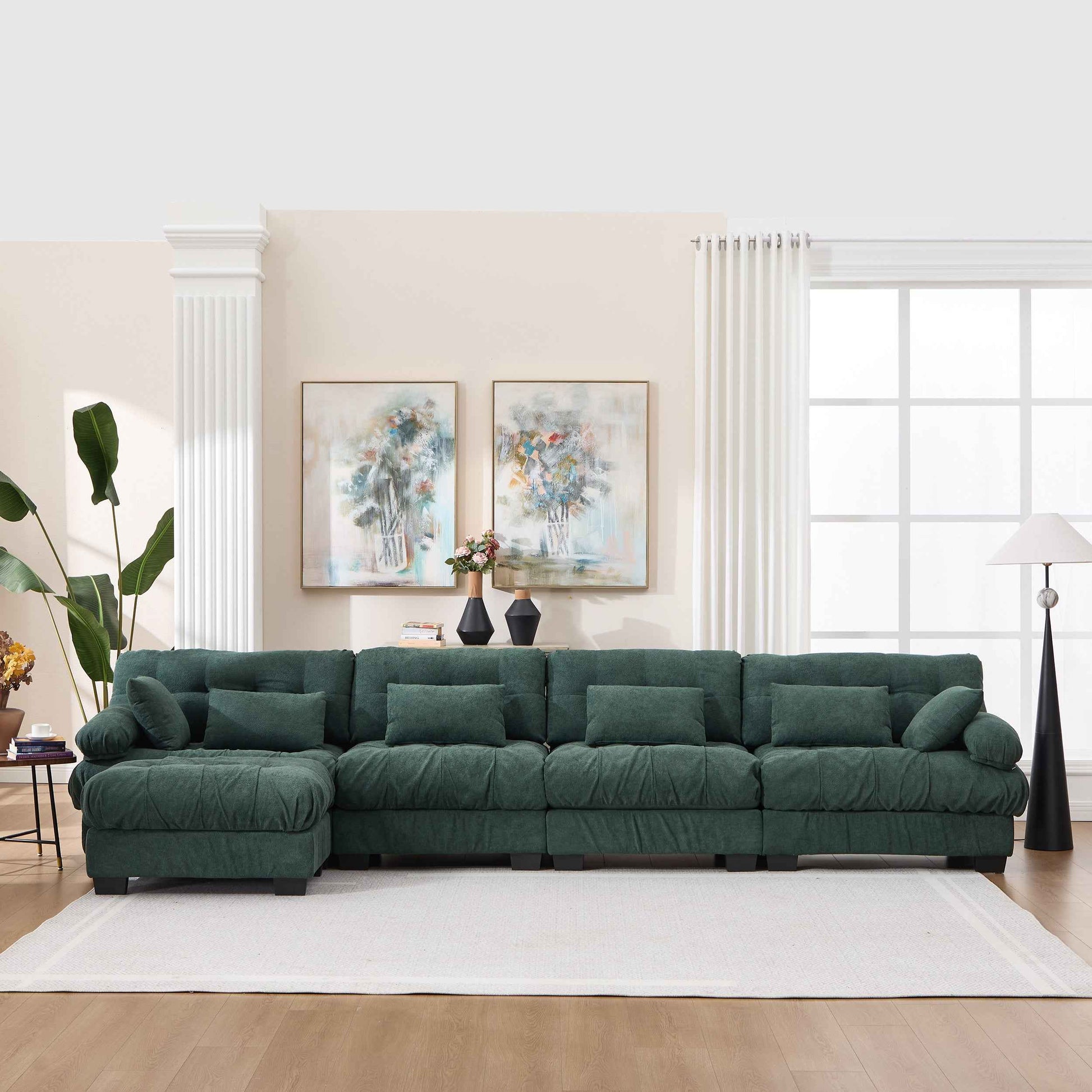 Green Modular Cloud Sectional Sofa – L-Shaped 5-Seat Deep Seat Flannelette Couch with Pillows