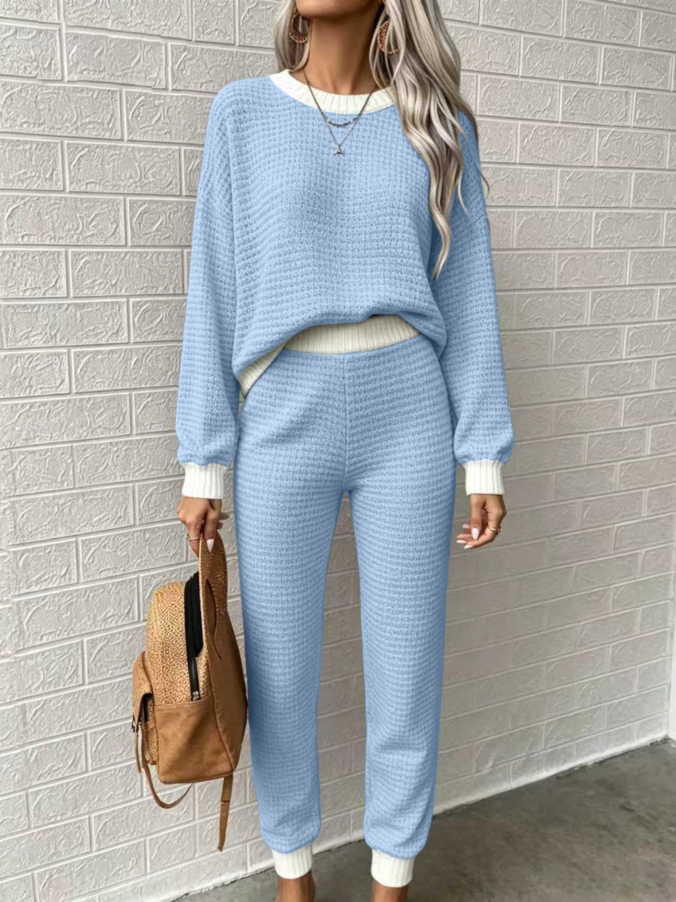 Women’s Waffle-Weave Sweatshirt & Pants Set – Casual Drawstring Crew-Neck Long-Sleeve Loungewear