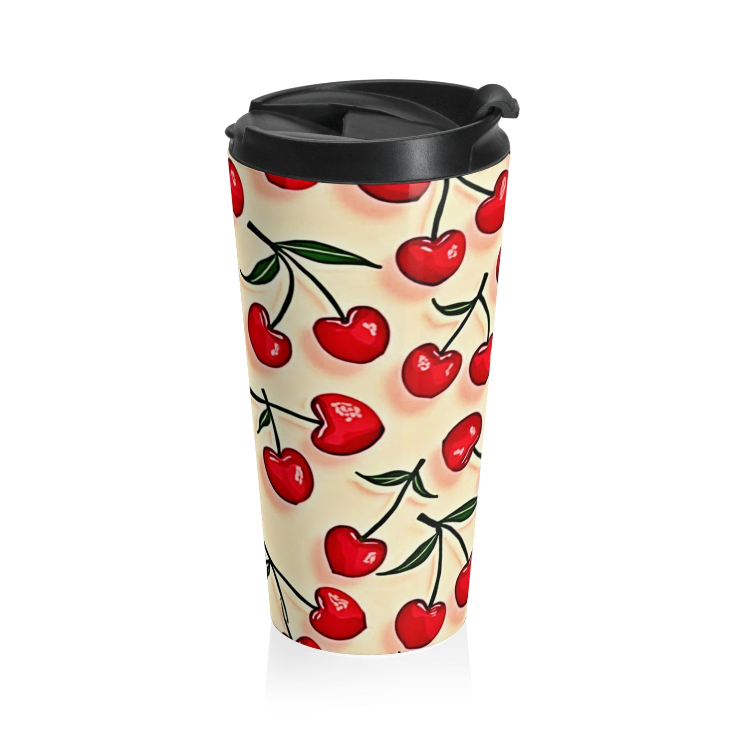 Cherry Pattern Stainless Steel Travel Mug — Retro Red Cherries Thermal Tumbler