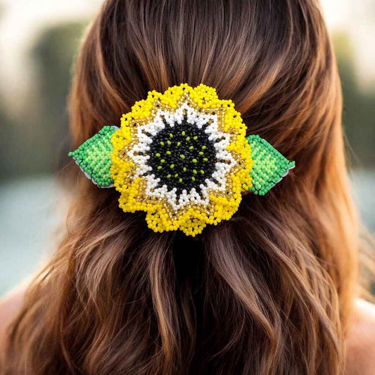 Handmade Beaded Sunflower Hair Clip-Golden and White