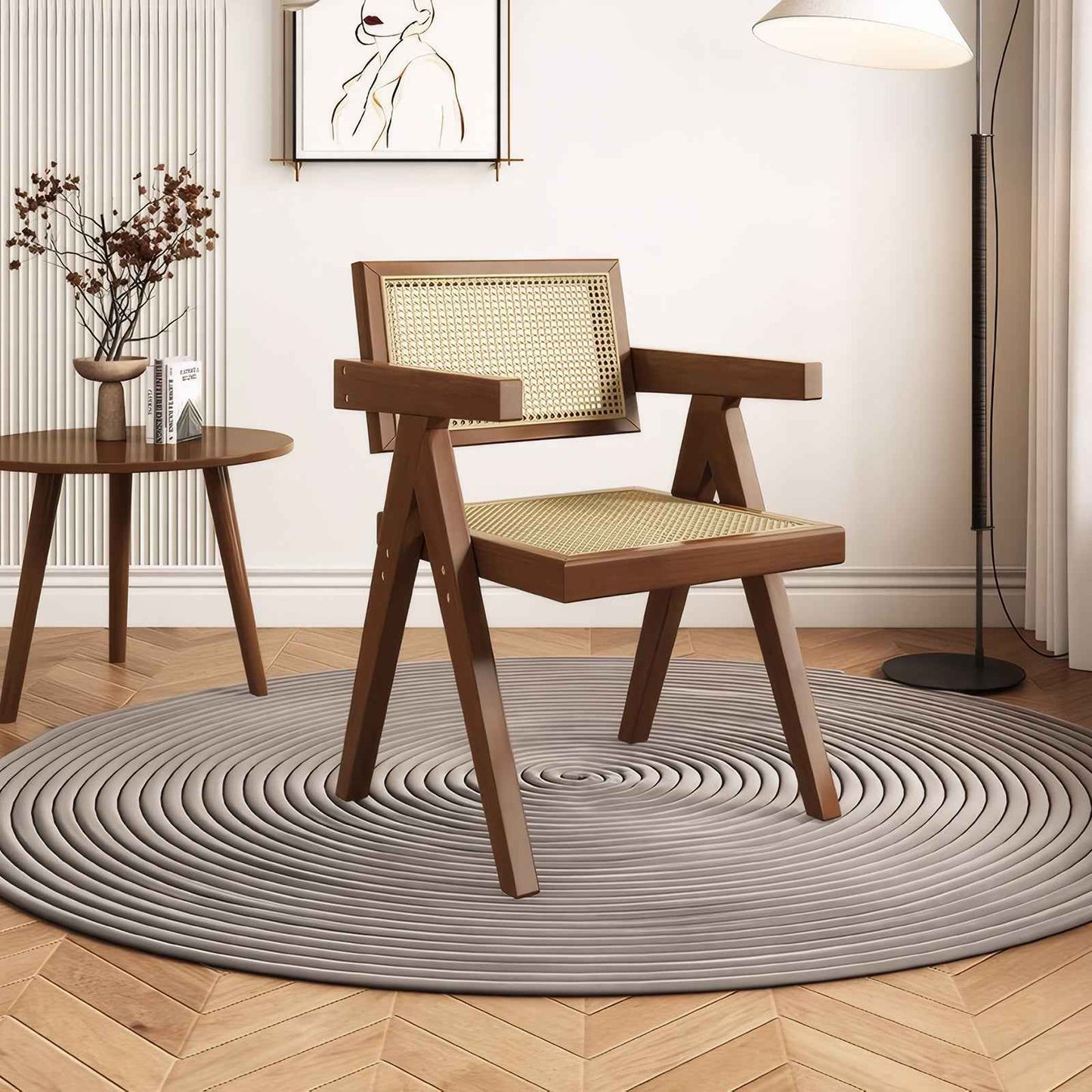 Modern Mid-Century Dining Chairs Set of 2 – Brown Rattan Accent Armchairs with Rubber Wood Frame (Deliver United States Only)