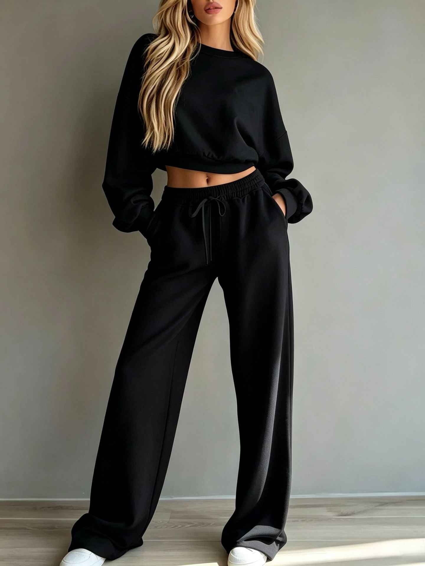 Women’s Casual Hooded Sweatshirt & Wide-Leg Pants Set – Long-Sleeve Two-Piece Sports Outfit