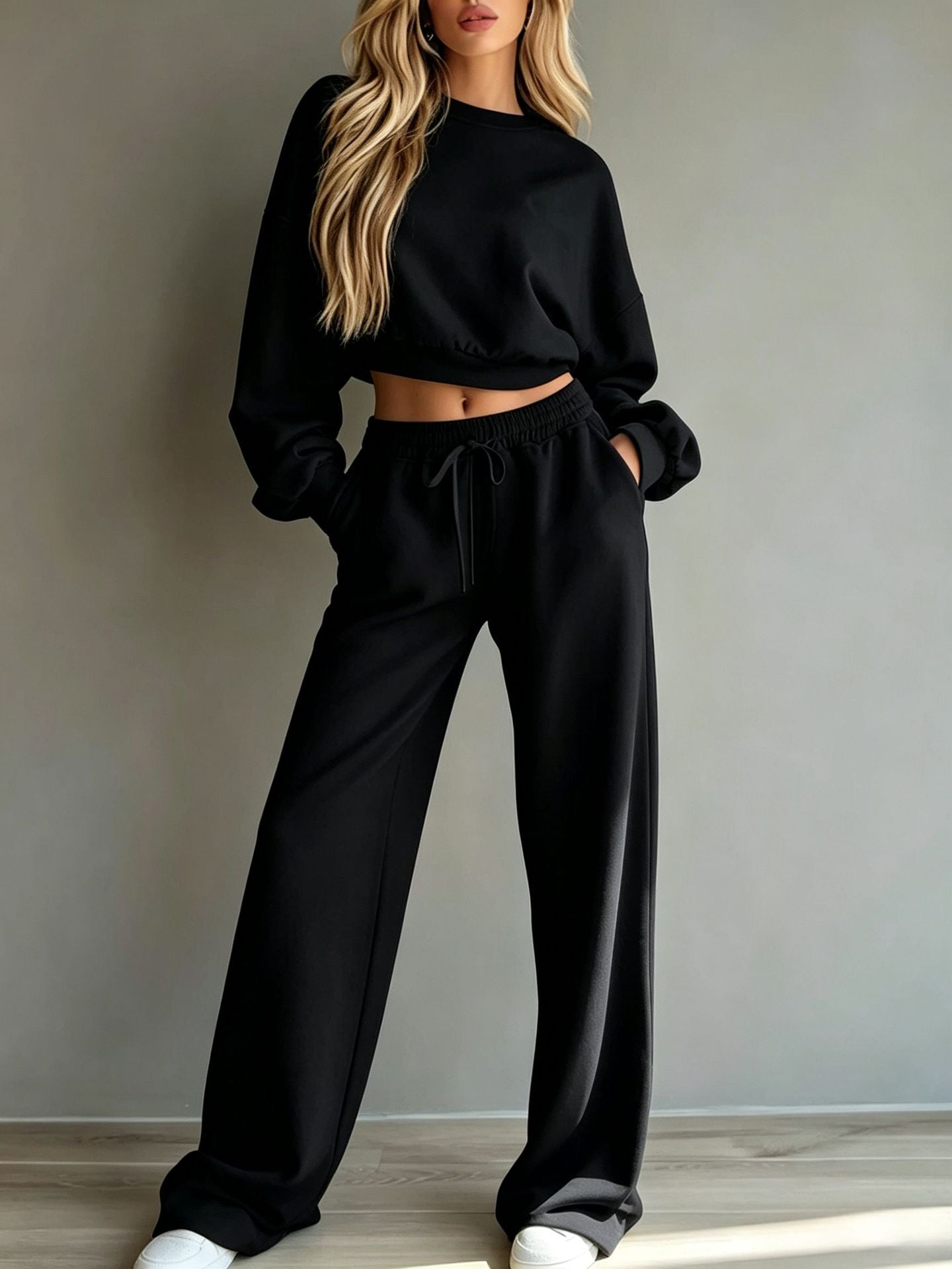 Women’s Casual Hooded Sweatshirt & Wide-Leg Pants Set – Long-Sleeve Two-Piece Sports Outfit