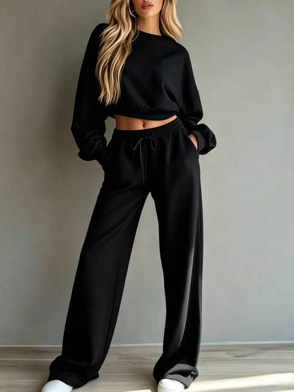 Women’s Casual Hooded Sweatshirt & Wide-Leg Pants Set – Long-Sleeve Two-Piece Sports Outfit