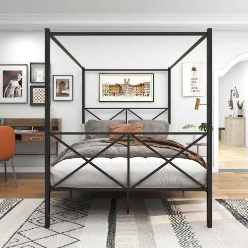 Black Metal Canopy Platform Bed Frame with X-Shaped Frame (United States Delivery Only)