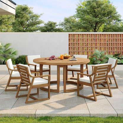 TREXM 7-Piece Outdoor Acacia Wood Dining Set for 6 – 59" Round Table with Umbrella Hole & Removable Beige Cushions, Light Teak (Deliver to United States Only)