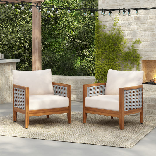 2-Piece Outdoor Acacia Wood Tub Chairs with Woven Rope – Deep-Seat Patio Armchairs with Cushions (US Delivery Only)