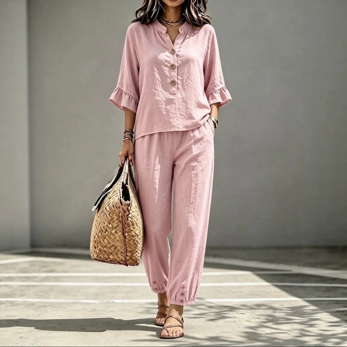Women’s 2-Piece Casual V-Neck Top & Cropped Wide-Leg Pants Set – Retro Office Outfit