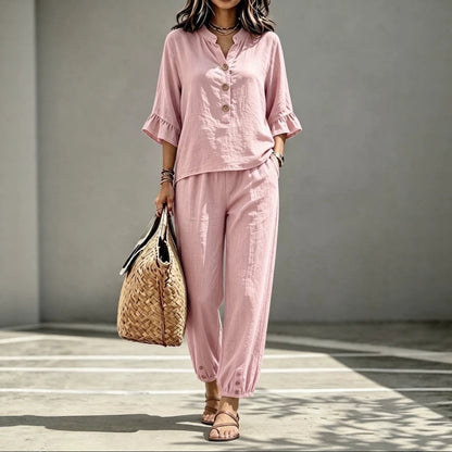 Women’s 2-Piece Casual V-Neck Top & Cropped Wide-Leg Pants Set – Retro Office Outfit