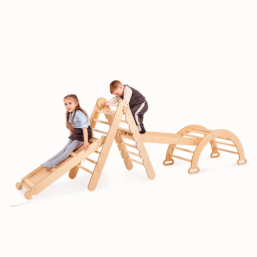 4in1 Montessori Climbing Frame Set: Triangle Ladder + Arch/Rocker + Slide Board/Ramp + Netting rope