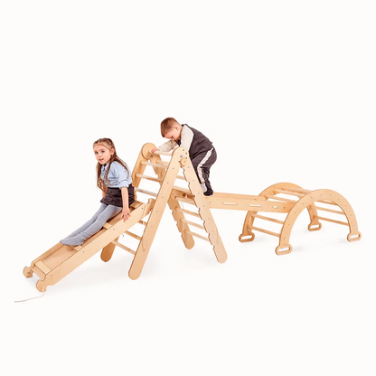 4in1 Montessori Climbing Frame Set: Triangle Ladder + Arch/Rocker + Slide Board/Ramp + Netting rope