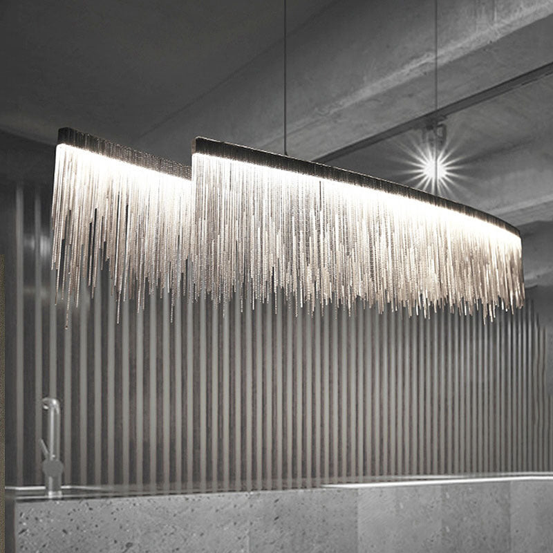 Personalized Minimalist Chandelier – Modern Silver Aluminum Pendant Light with Tassel Design for Dining & Living Room