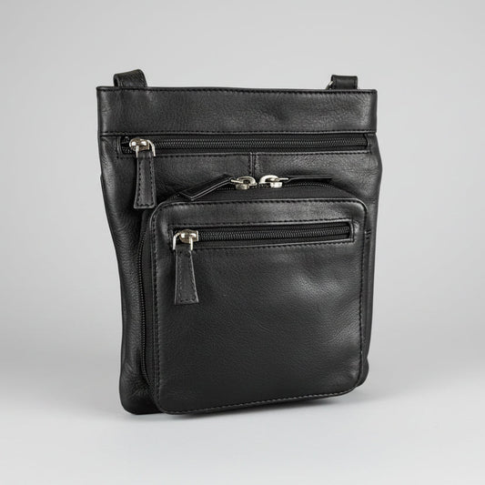 JBG Slim Genuine Leather Crossbody Bag. RFID Blocking Travel Purse with Multi-Zipper Pockets