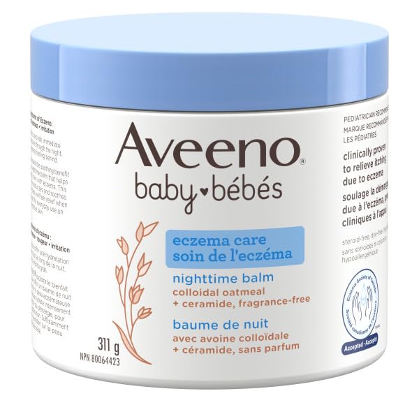 Aveeno Baby Eczema Care Nighttime Balm - Bedtime Body Lotion for itching due to eczema Colloidal Oatmeal + ceramide - Fragrance Free, Pack of 2 (622g Total)