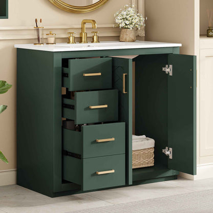 36" Green Bathroom Vanity with Ceramic Sink – Freestanding Cabinet with 3 Drawers