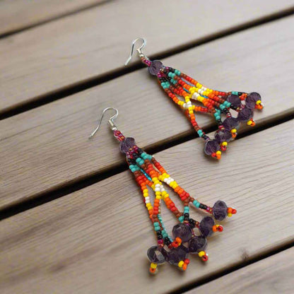 Purple Six-Strand Beaded Cascade Earrings