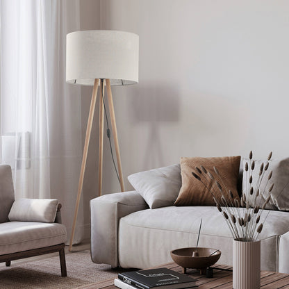 TOKYO Natural Linen & Wood Tripod Floor Lamp for Living Room, Bedroom & Reading Nook
