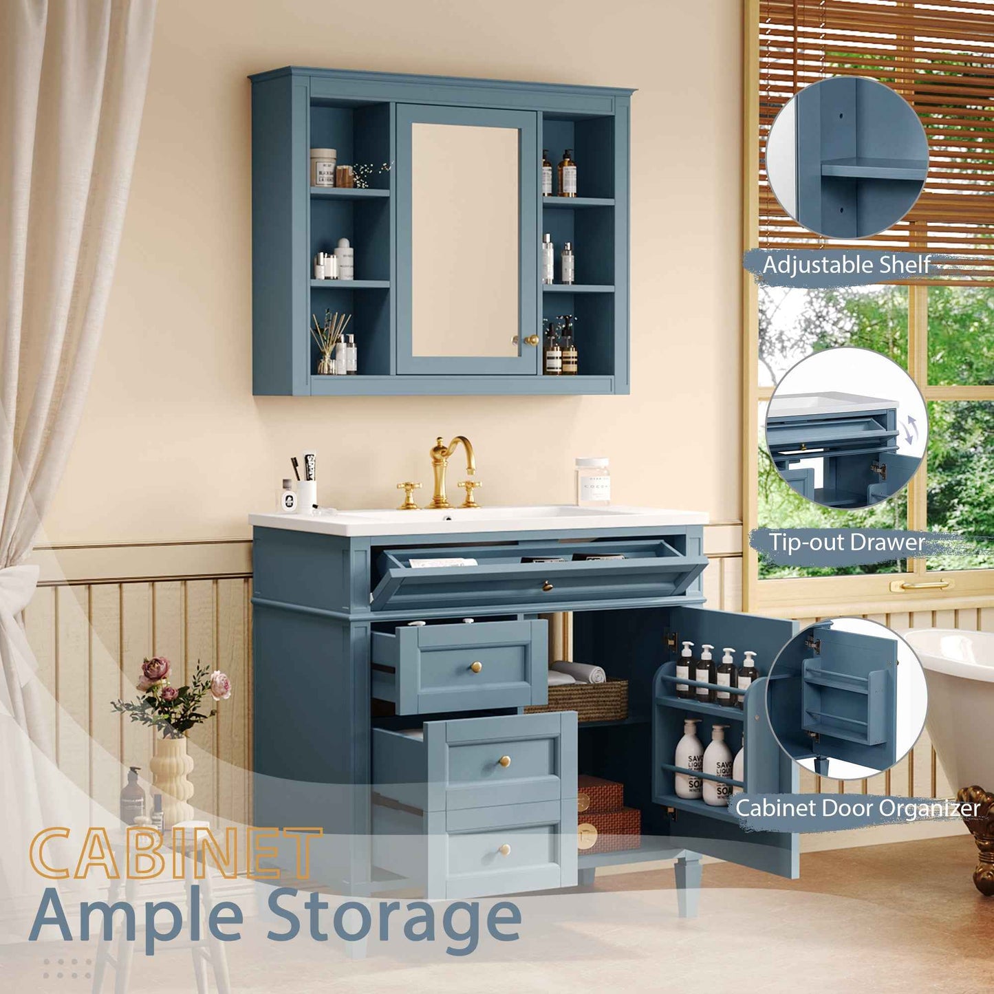 36-Inch Indigo Blue Bathroom Vanity with Medicine Cabinet – Modern Single Sink Vanity with Soft-Close Doors
