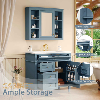 36-Inch Indigo Blue Bathroom Vanity with Medicine Cabinet – Modern Single Sink Vanity with Soft-Close Doors