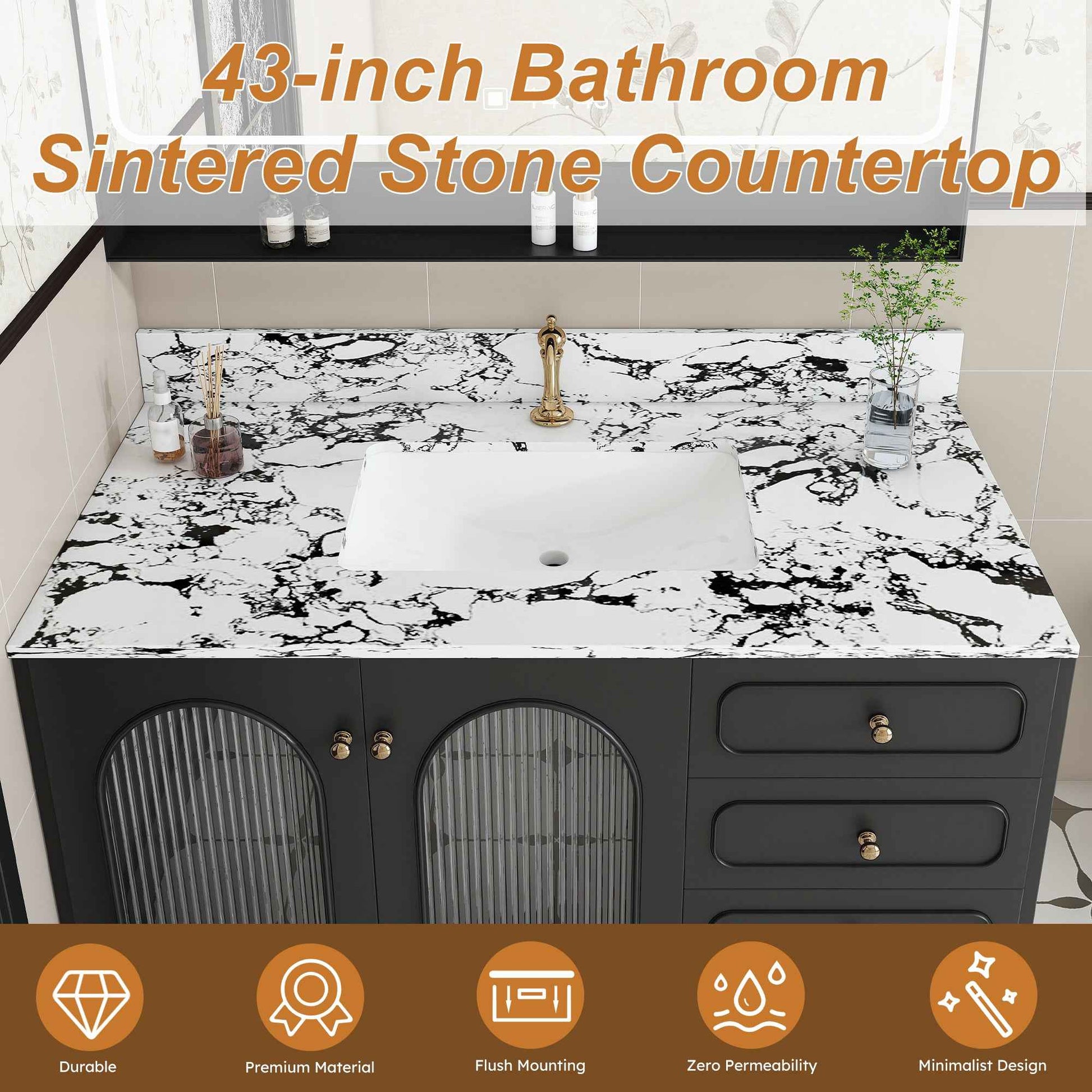 43-Inch Carrara White Bathroom Vanity Top with Undermount Ceramic Sink & Backsplash – Artificial Marble Countertop