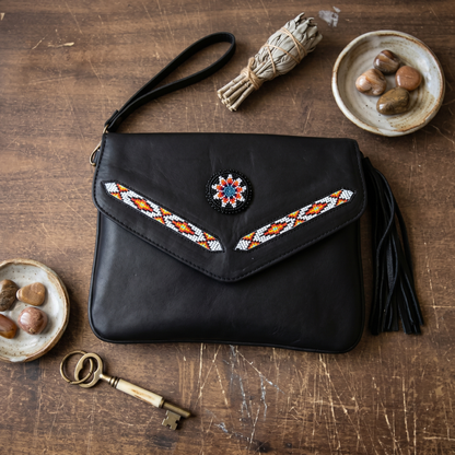 Leather beaded Crossbody bag(Black)