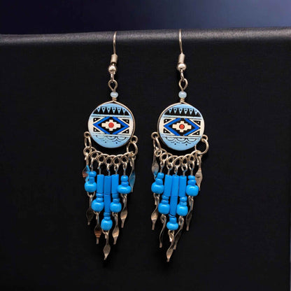 Blue Southwestern Round Shaped Dangle Earrings